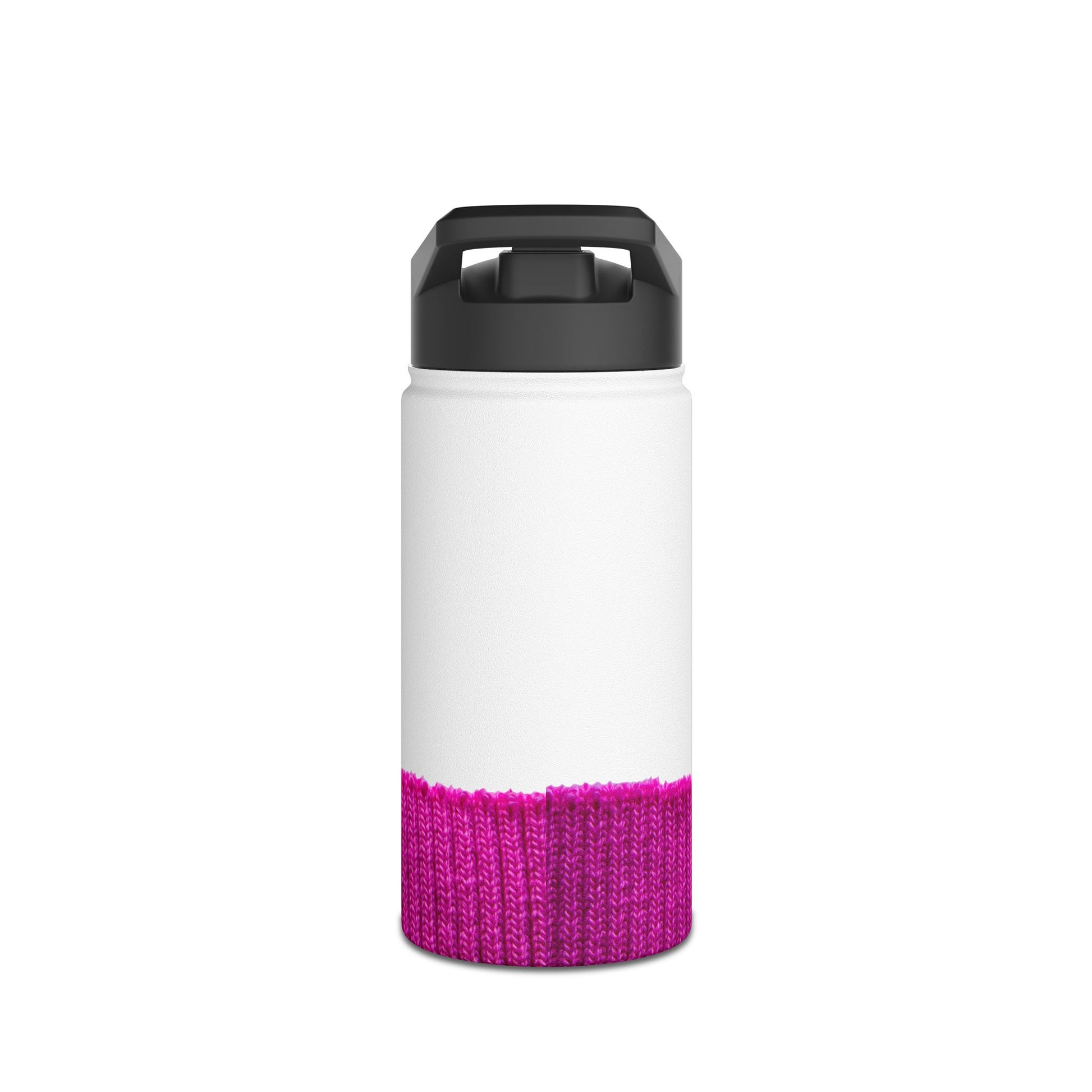 A white insulated water bottle with a black lid and a bright pink knitted pattern at the bottom, shown on a plain white background.