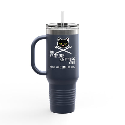Vampire Knitting Club Insulated Large Travel Mug, 40oz (6 different colors). Exclusive Vampire Knitting Club merchandise from Nancy Warren.