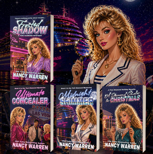 Four book covers featuring Toni Diamond with a magnifying glass against a Las Vegas-themed background.